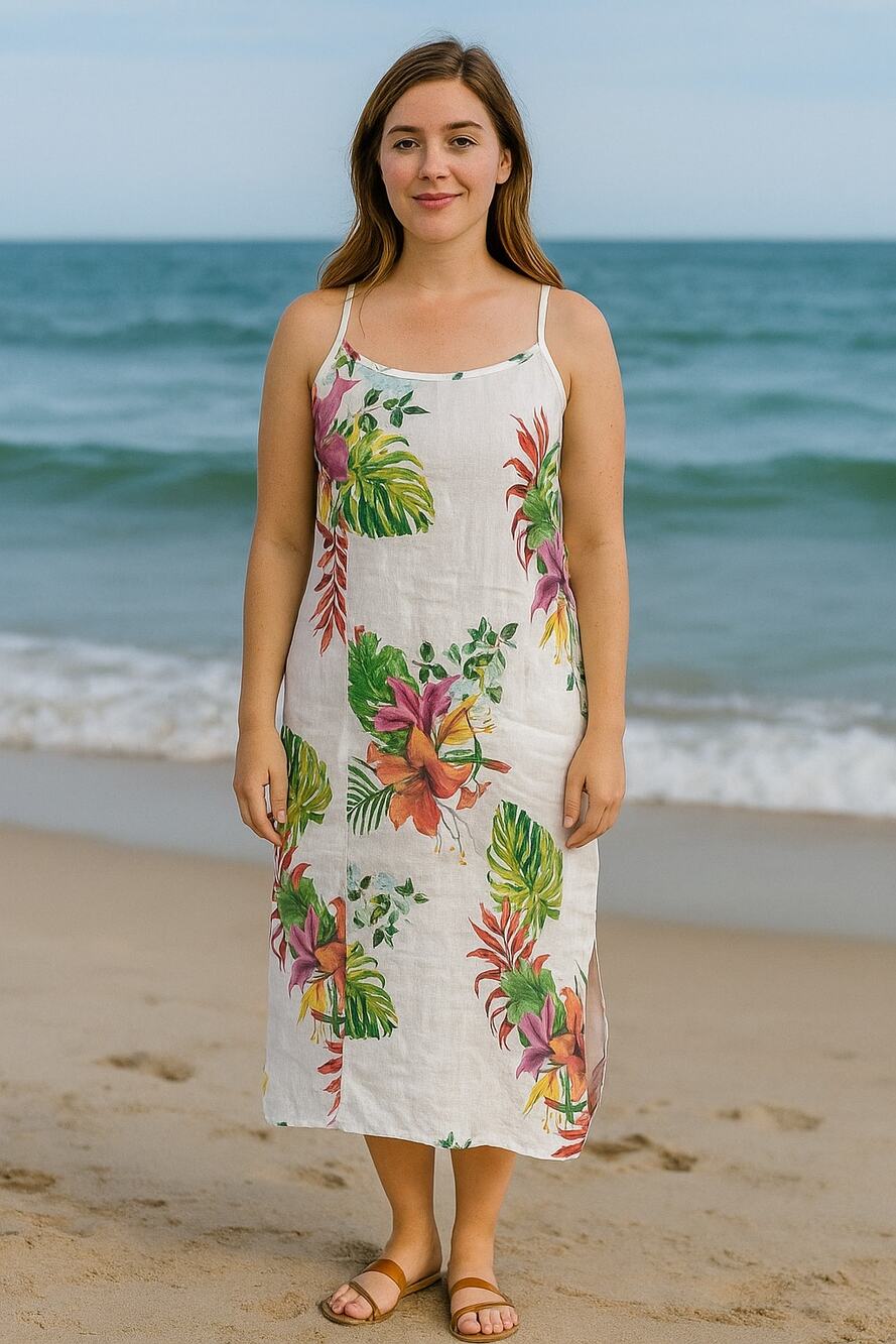 NEW Italian 100% Linen SunDress ,Swim cover, vacation Tropical 2 Pockets Size L